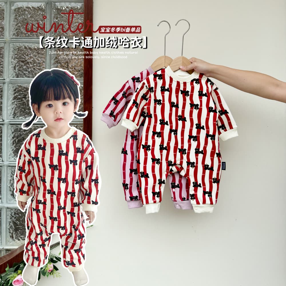 Bebê ano novo roupas dos desenhos animados listrado forro de lã macacão inverno engrossado quente macacão festivo roupas