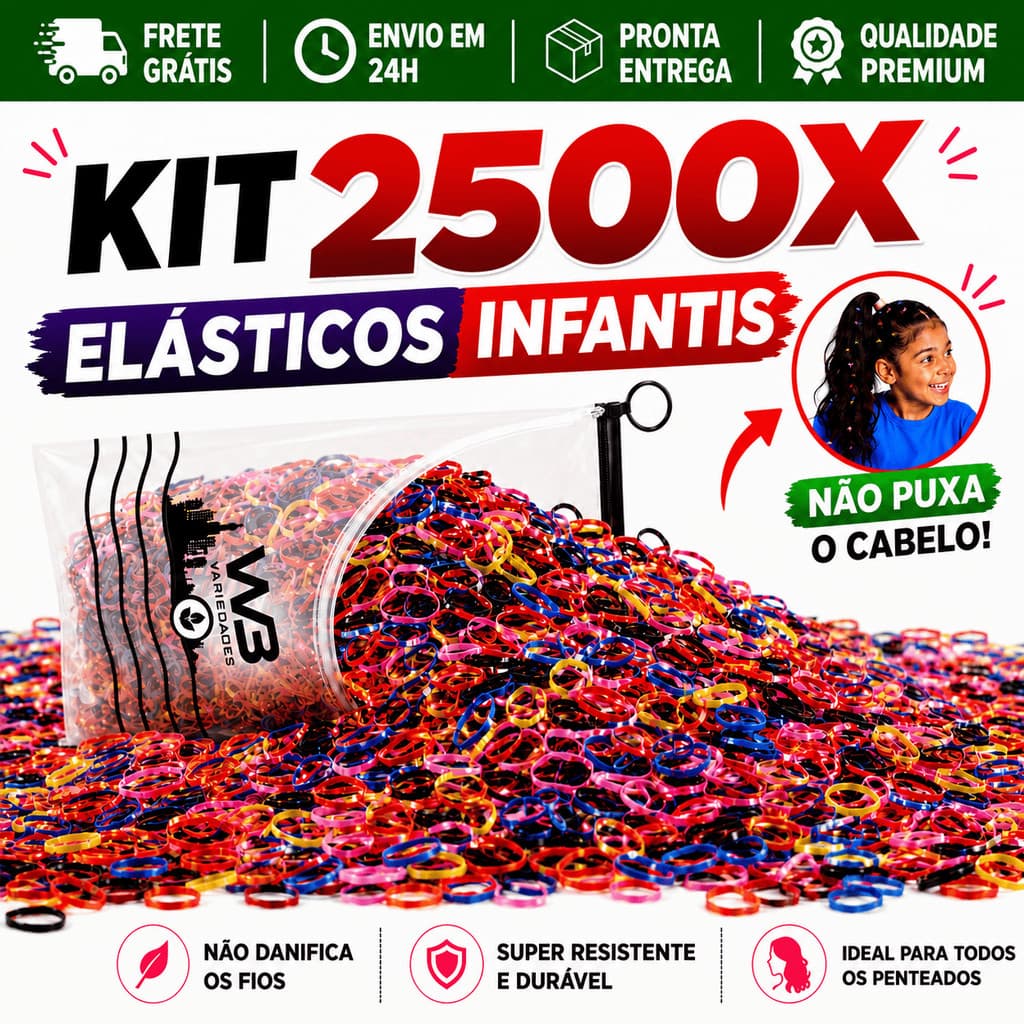 Kit 2500 Unidades Elástico de Cabelo Infantil Feminino Multicolorido com Necessaire Pronta Entrega