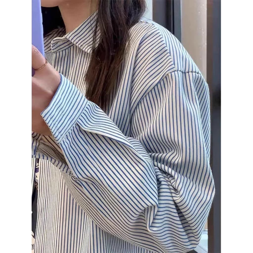 Camisa listrada azul masculina de manga comprida High-End americano Retro camisa solta vintage primavera outono casal ja