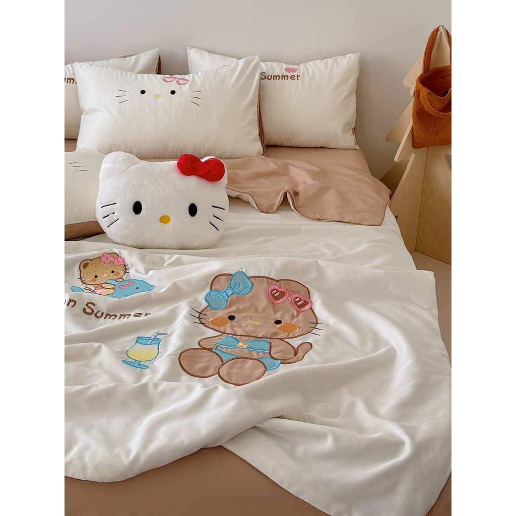 Classe A Colcha de verão de seda lavada Conjunto de quatro peças Patch de desenho animado Estilo bordado Seda gelada Col