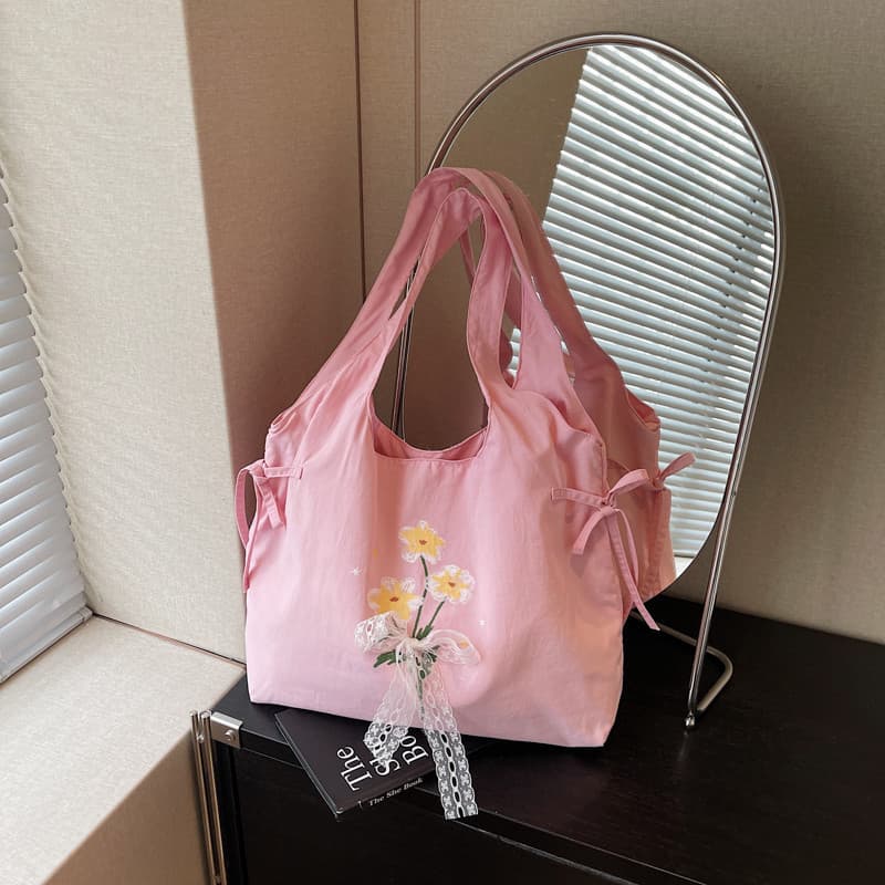 Flor bordada sacola feminina grande capacidade rendas Commuter bolsa de ombro estilo menina bolsa de lona