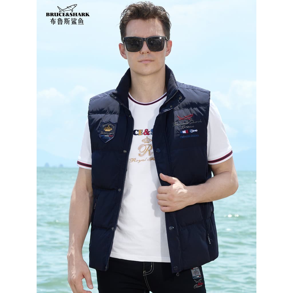2025 inverno novo estilo para baixo colete masculino grosso colete roupas Bruce tubarão tamanho grande jaqueta solta mas