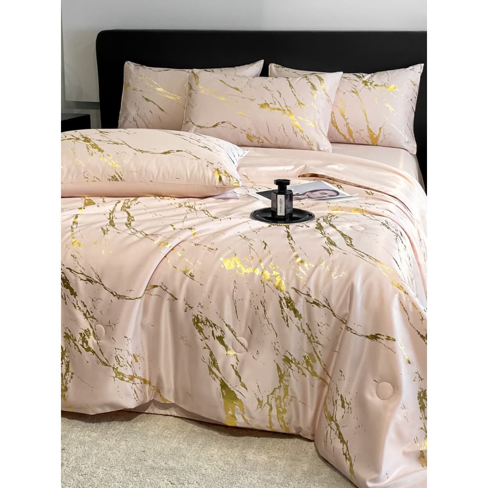 Nova luz luxo simples padrão de mármore dourado lavável seda verão colcha conjunto de quatro peças colcha de ar condicio