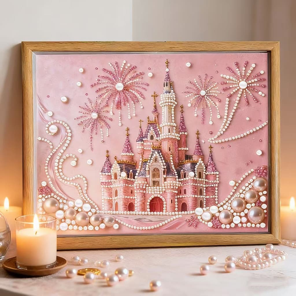 Pintura Decorativa Castelo Rosa DIY 3D, Kit de Materiais para Pintura com Pérolas, Adesivo Artesanal, Decoração de Pared