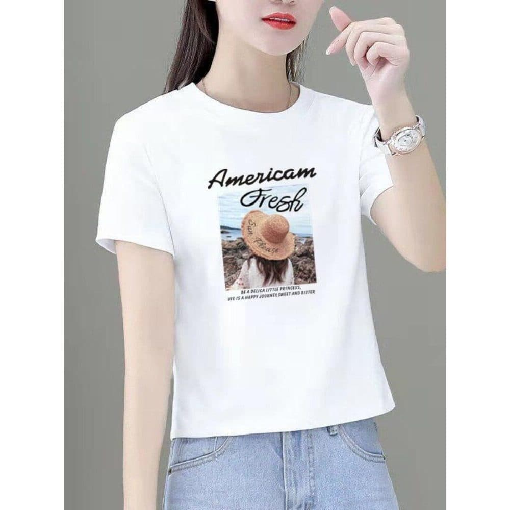 Algodão branco de manga curta curto em torno do pescoço camiseta feminina 2025 novo estilo versão coreana moda All-Match