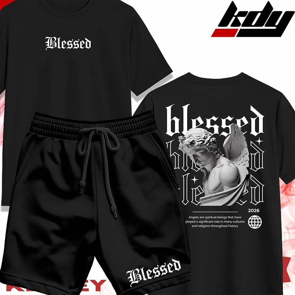 KIT Camisa Streetwear 100% Algodão e Bermuda Mauricinho Unissex Estampa ANJO BLESSED