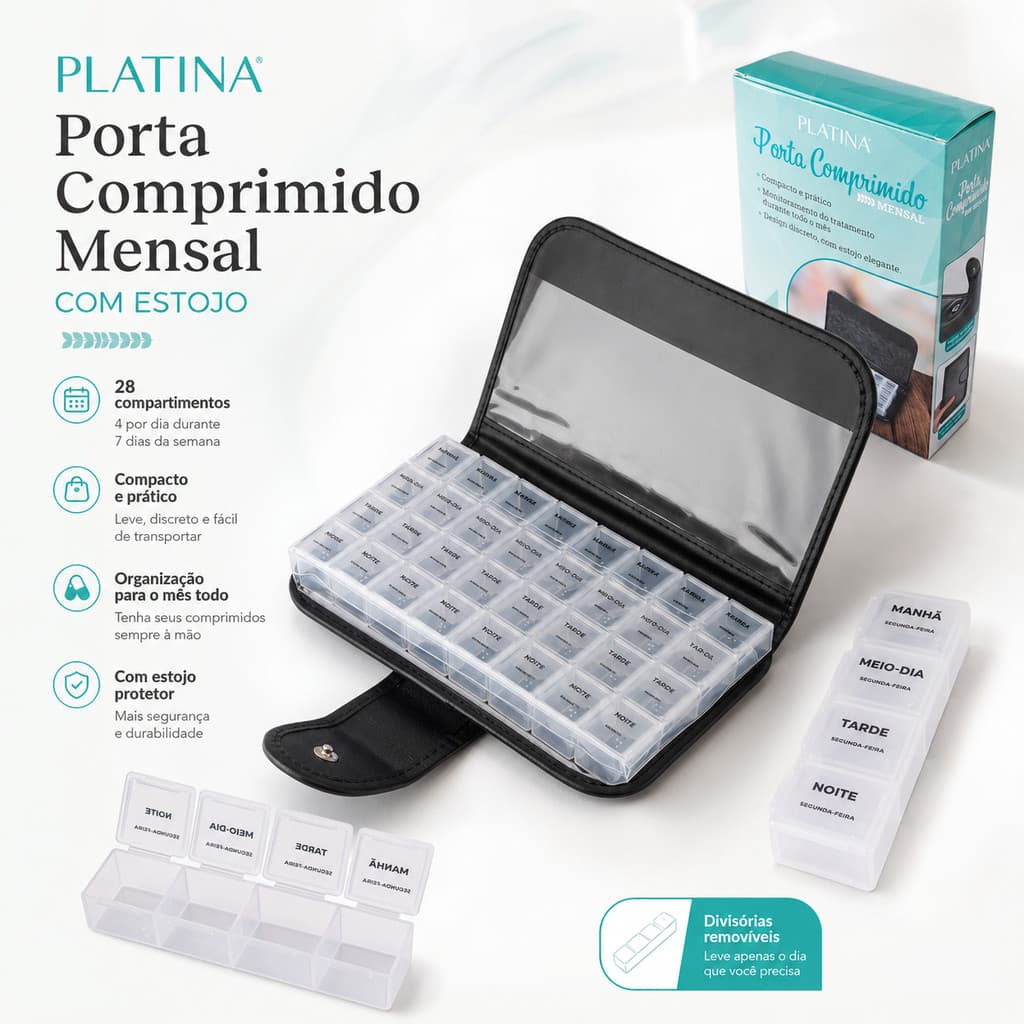 Porta Comprimido Mensal Organizador de Remédios e Vitaminas com 28 Compartimentos e Estojo Prático