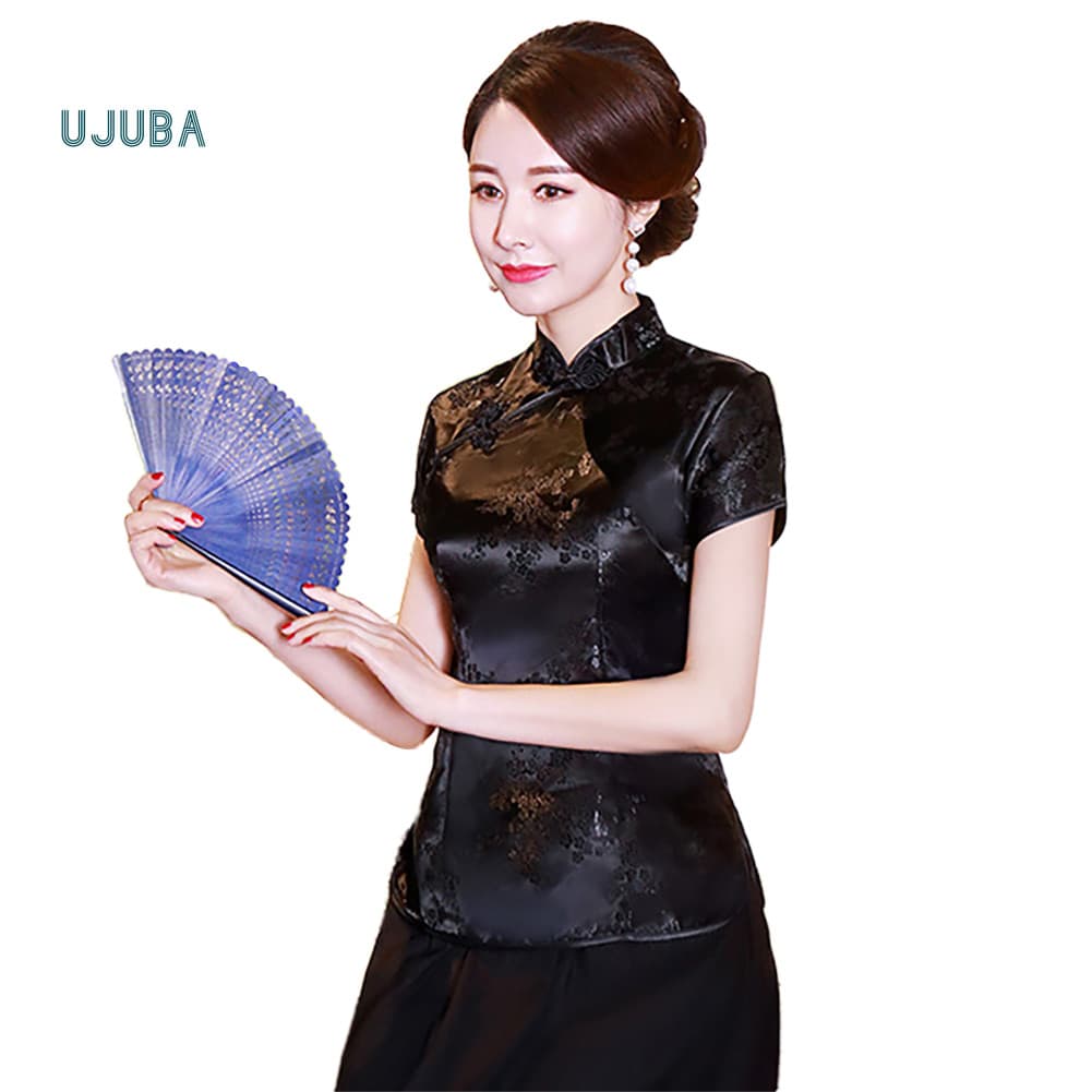 Ujb Blusa Feminina Chinesa Flor De Ameixa Manga Curta Gola Botões Fina