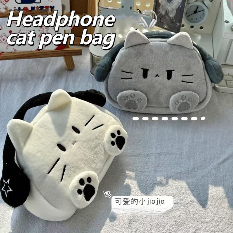 Estojo de Pelúcia Fofo em Forma de Gato para Fones de Ouvido e Lápis, Estojo Multifuncional para Canetas com Tema de Ani