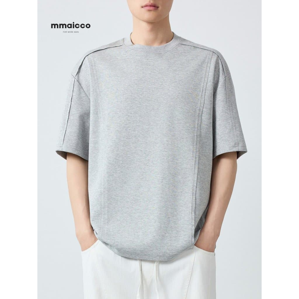 Momaike masculino americano Casual costura camiseta de manga curta 2026 primavera novo estilo solto em torno do pescoço