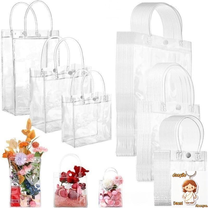 10 Sacolas de Presente de Plástico PVC Transparente Reutilizáveis com Alças Transparentes para o Dia dos Namorados