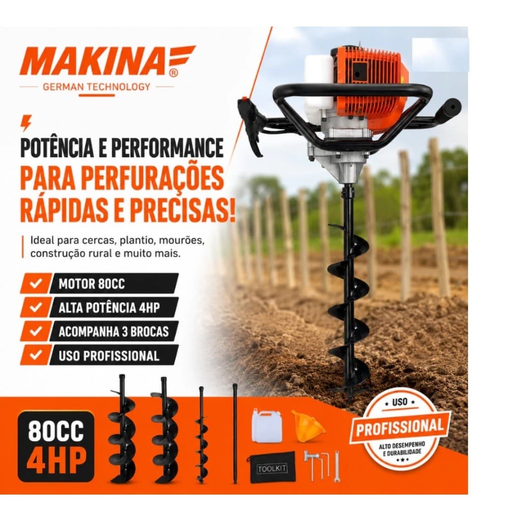 Perfurador De Solo Gasolina 80CC Makina + 3 Brocas Profissional Premium