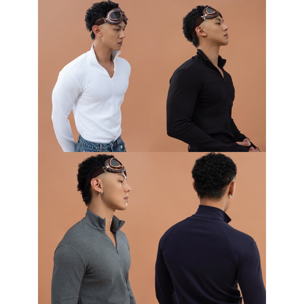 CLP Preto Cinza Branco Zíper Pequeno Gola Alta Slim-fit Camiseta de Manga Comprida Masculina Camisa de Fundo Stretch Spo