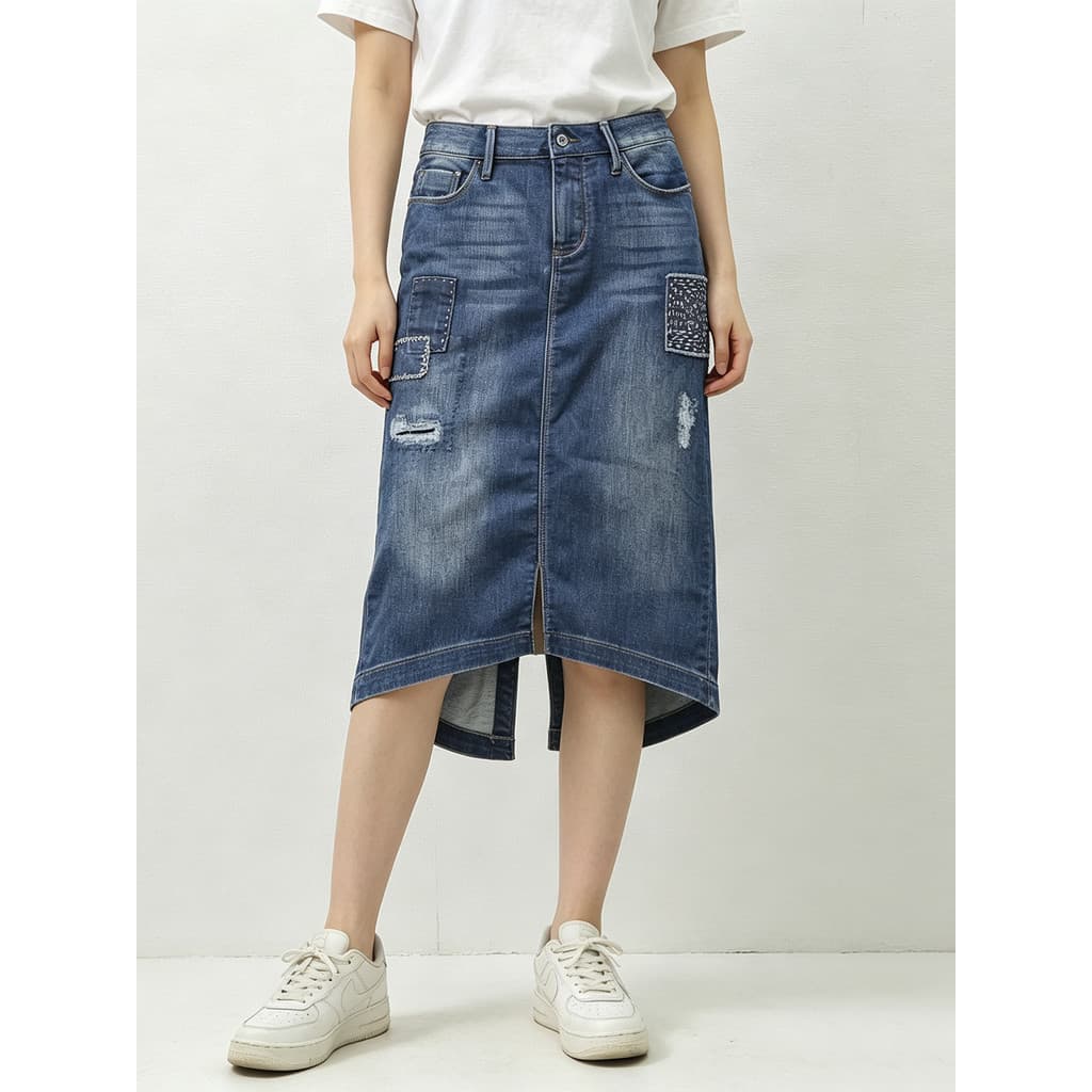 Primavera verão senhoras lavado angustiado saia de malha Denim saia sete pontos na moda versão coreana rasgado remendo H