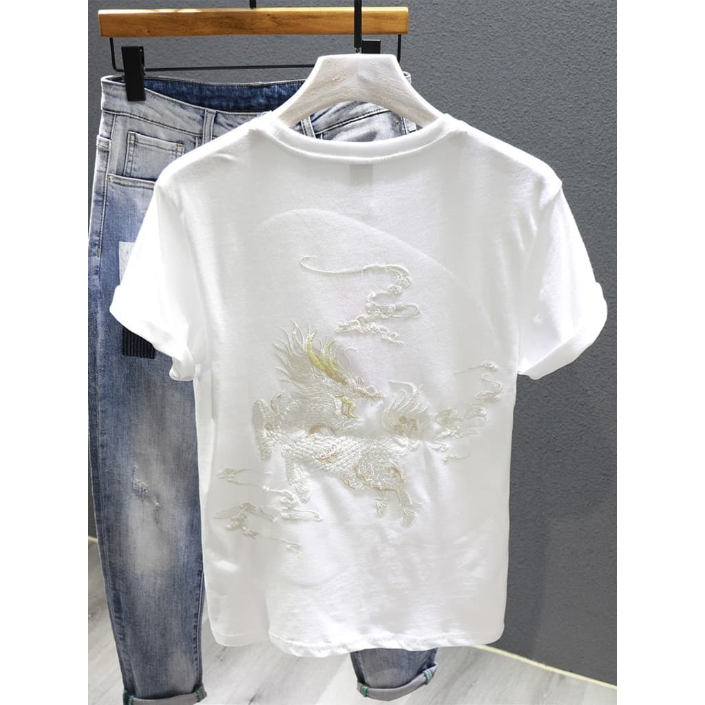 Camiseta de manga curta masculina Street Wear 2024 verão novo estilo bordado All-Match em torno do pescoço solto chinês