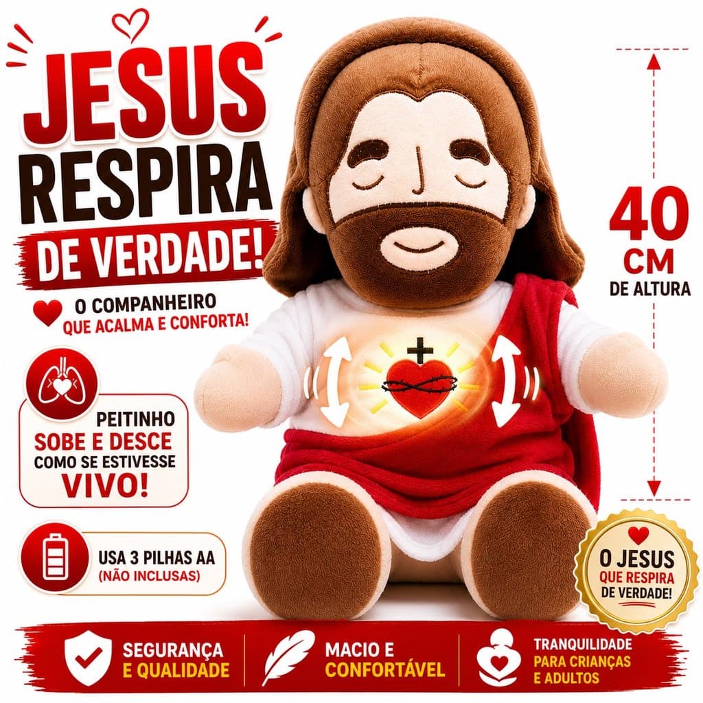 Pelúcia Jesus Que Respira 40cm Respira de Verdade Movimento Respiratório Funciona com Pilhas Boneco Religioso Cristão