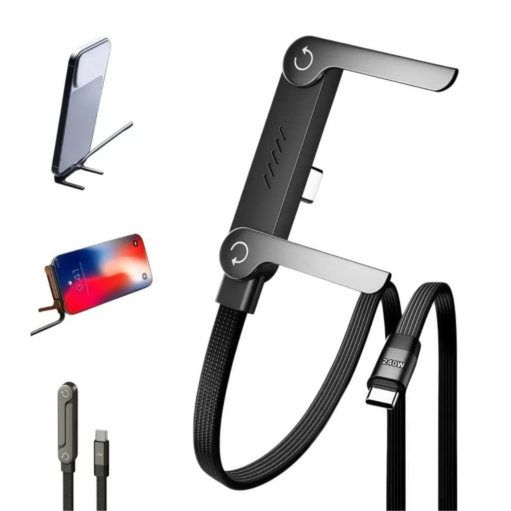 Cabo USB-C Trançado 2 Em 1 Para Com Suporte Dobrável Telefone Multiângulo , Carregamento Rápido E Transferência De Dados