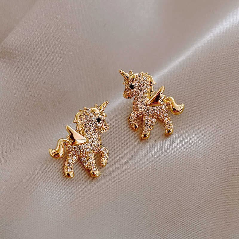 Brincos de asas de pônei de diamante completo, brincos fofos e requintados de joias para pequenos animais