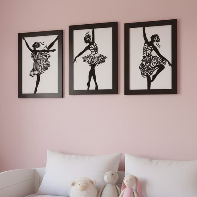 Kit 3 Quadros Decorativos Bailarina Ballet Vazado Painel Parede Sala Quarto Casa MDF