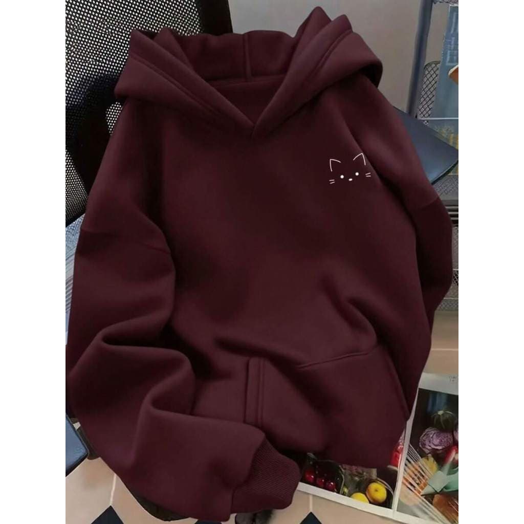 Moletom canguru algodão modelo casual estilo inverno gatinho com bolsos e ajuste no capuz