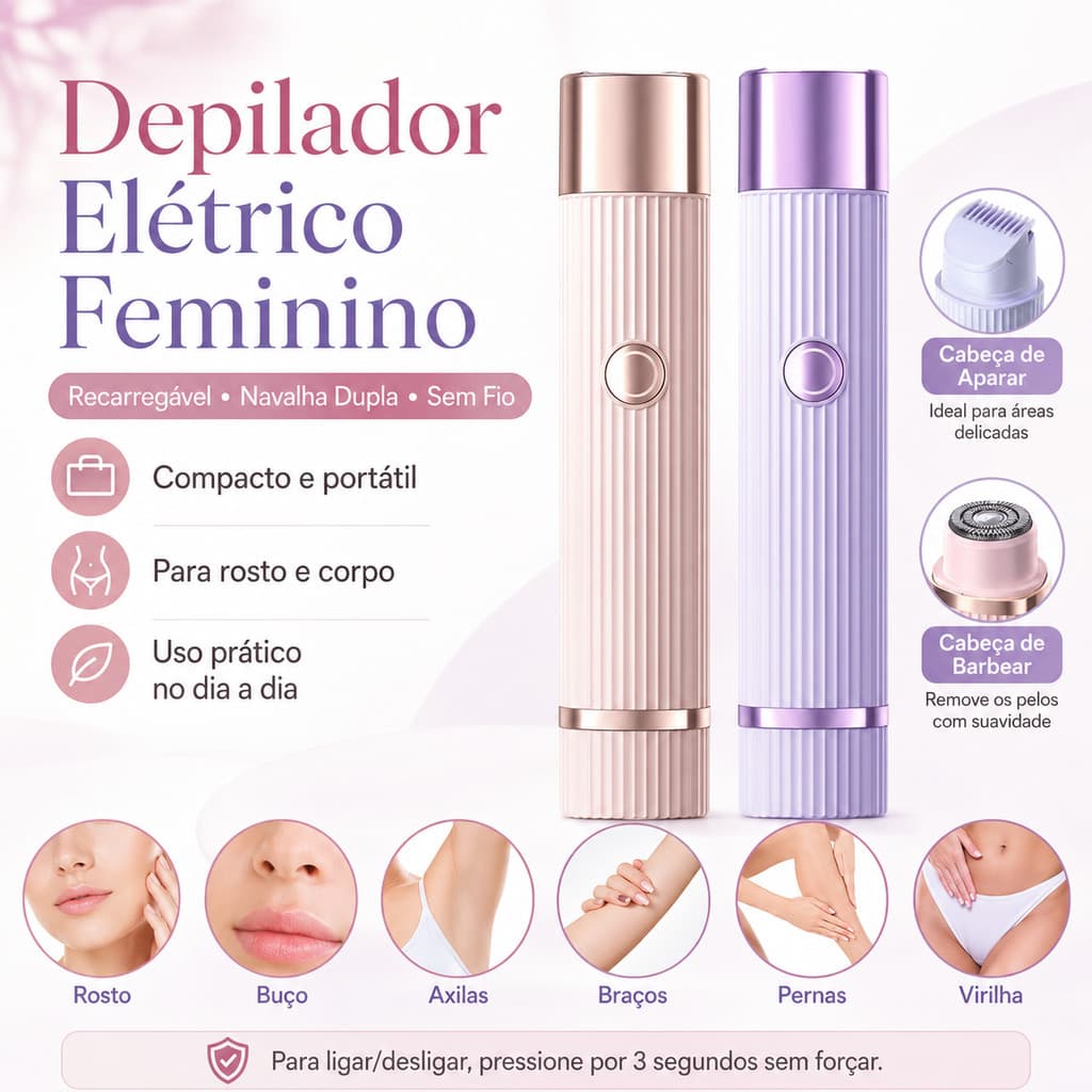 Depilador Elétrico Feminino Recarregável com Navalha Dupla Indolor
