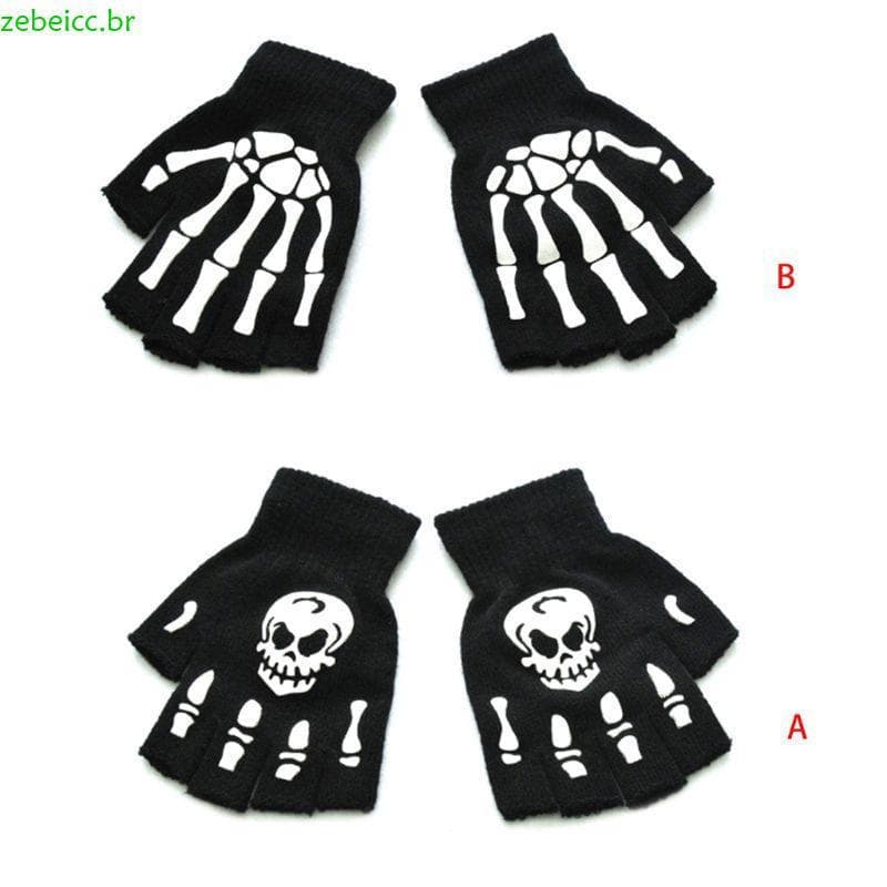 zebeicc Criança Crianças Halloween Esqueleto Crânio Meio Dedo Luvas Brilham No Escuro Luminoso Sem Dedos Stretch Malha M