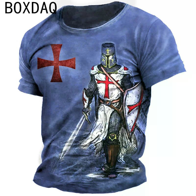 Cavaleiros Templários Padrão Topos Moda Legal Rua Personalidade Camisetas Verão Manga Curta O-Pescoço Solto Tamanho Gran