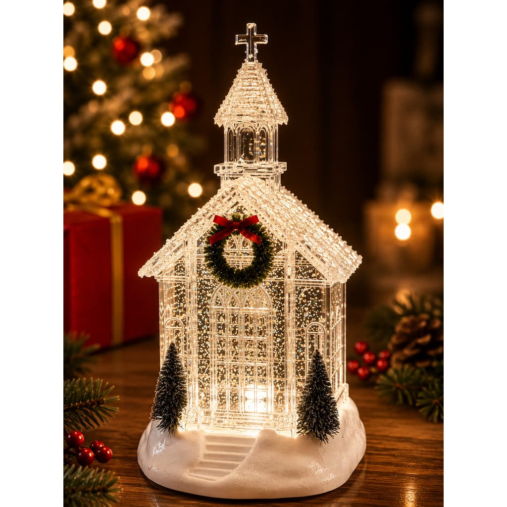 Igreja Globo de Água Natalina com LED e Glitter 15x16x27cm
