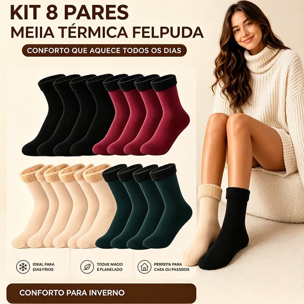 Kit 8 Pares Meia Térmica Felpuda Cano Médio Unissex  Super Quente Forrada Snow Socks Inverno