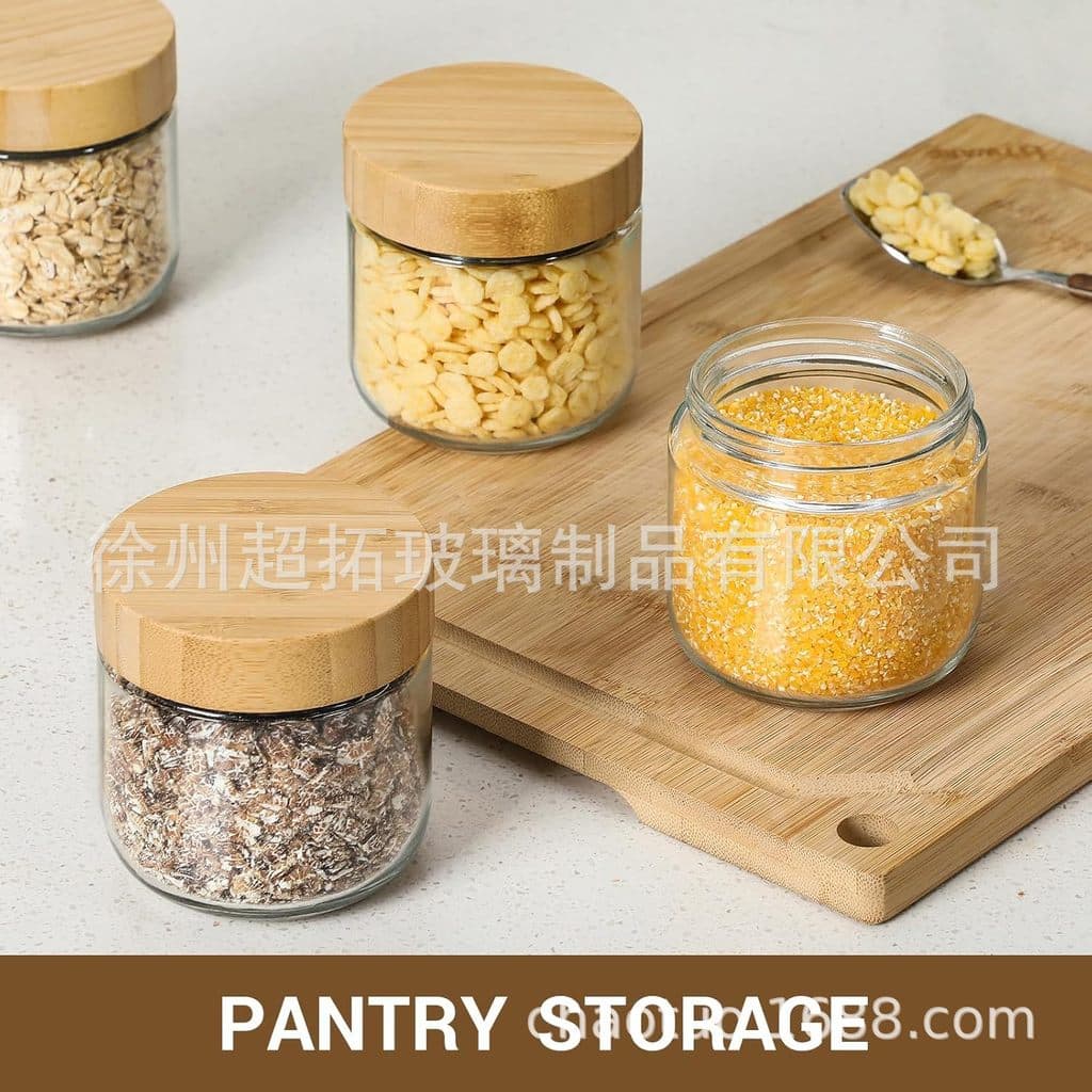 Potes de vidro selados para uso internacional, potes de armazenamento de grãos para cozinha com tampas de bambu, potes d