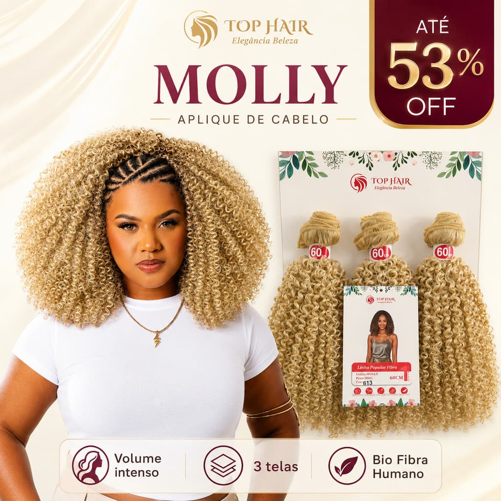 Cabelo Goivo Cacheado  Orgânico Bio Fibra com Colágeno 3Telas 60cm 300g Top Hair MOLLY