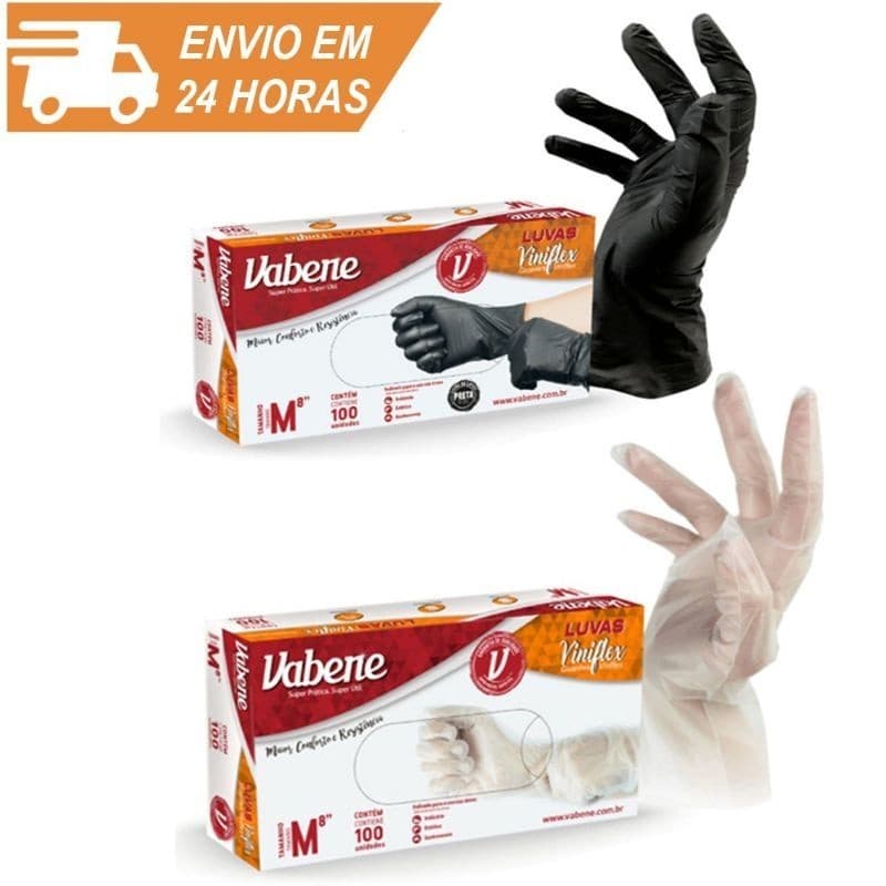 Luva Descartável VINIFLEX Sem Pó Vabene P M G GG Preta ou Transparente Caixa 100 unidades