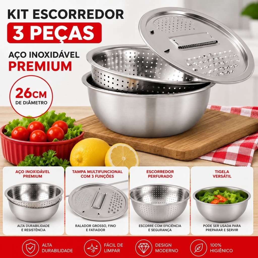 Escorredor de Macarrão e Legumes Inox 26cm Kit 3 Peças Tigela e Ralador Cozinha Resistente