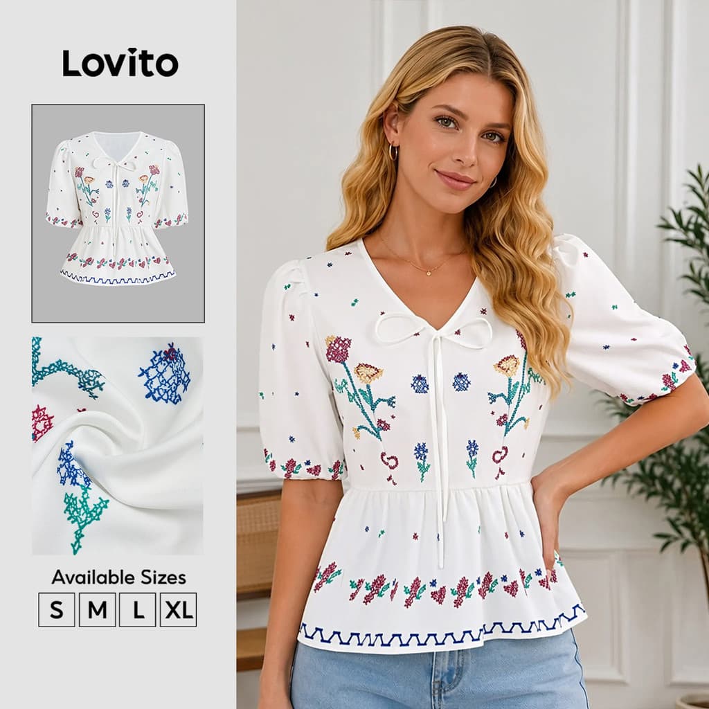 Lovito Casual Blusa Feminina Fofa com Babados para Primavera/verão Blusas Femininas em Alta LBL29343