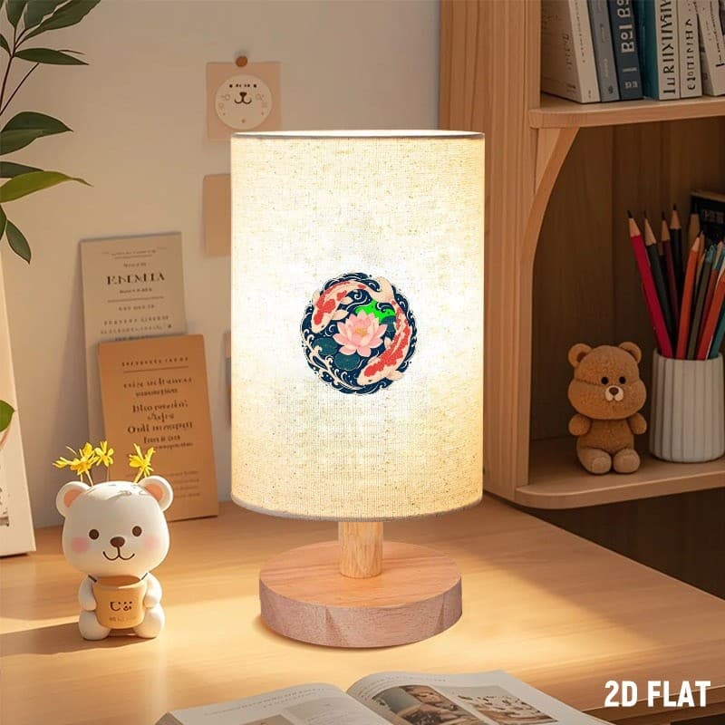 Candeeiro De Mesa Koi Lotus Com Base De Madeira , Abajur De Linho , Luz Ambiente Quente Para Decoração De Quarto E