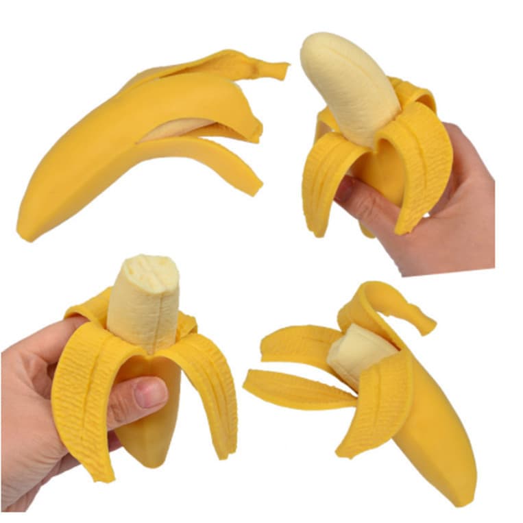 Brinquedo macio em formato de banana, pode ser apertado para aliviar o estresse, possui função sensorial elástica, adequ