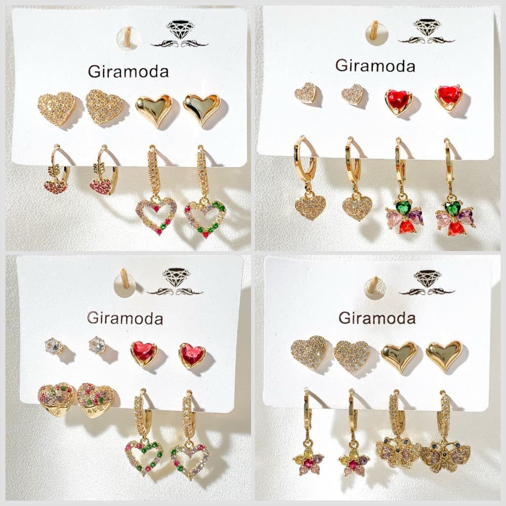 Kit 4 brincos cravejado pedra de zirconia argolinha pingente gota/coracao/Borboleta  folheados a ouro18k e prata 925