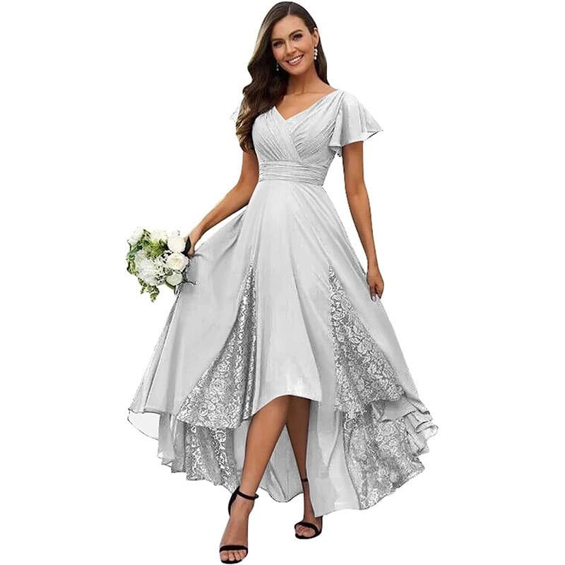 Vestido Elegante de Chiffon com Decote em V para Dama de Honra, Renda Floral, Longo, Tamanho Plus, Corte A-Line, Formal
