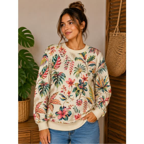 Moletom Feminino Floral Estampado Gola Redonda Careca Macio Confortavel Barato Modinha Coqueiro