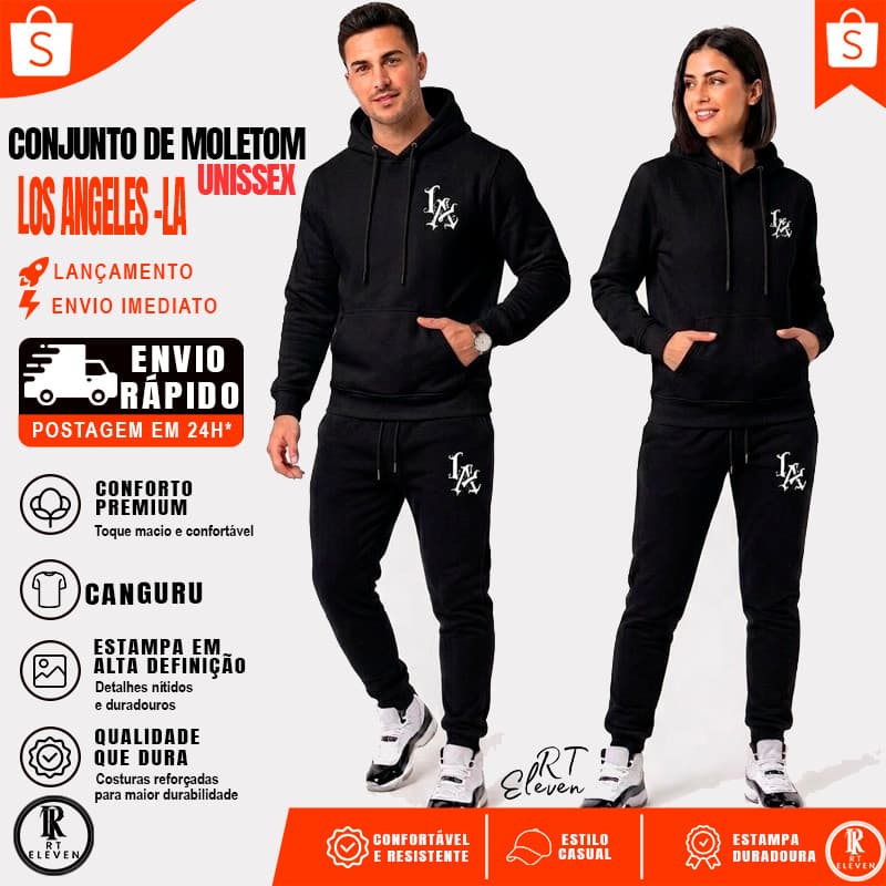 Conjunto Moletom Los Angeles casaco LA Blusa De Frio + Calça linha premium moleton canguru com bolso e capuz