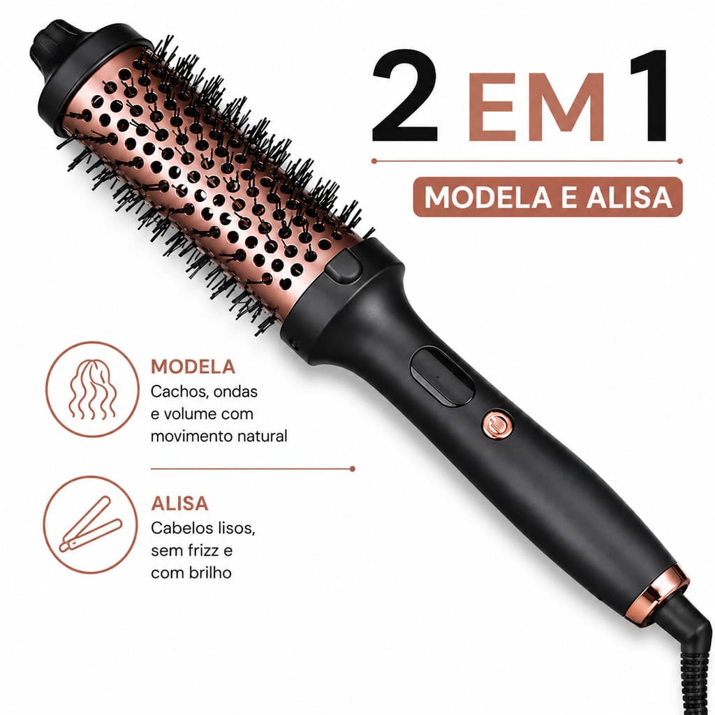 Escova Modeladora Alisadora 2 em 1 Alisa e Modela 38mm Íons Negativos Bivolt LCD Cabelo de Salão