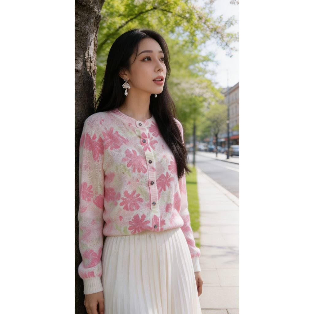 Feminino estilo doce primavera outono novo estilo rosa impresso malha Cardigan 2026 cinco um roupas femininas bonito All