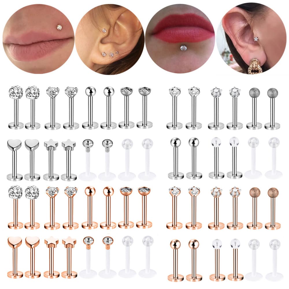 12-16 Pçs/Lote Aço Inoxidável Labret Lábio Monroe Piercing Conjunto 16G Estrela Bola Cristal Orelha Tragus Helix Concha