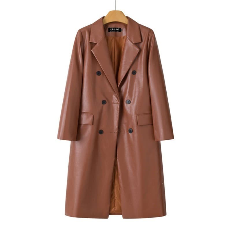 Tamanho grande feminino duplo Breasted couro do plutônio blusão High-End solto cintura estreita Casual elegante casaco