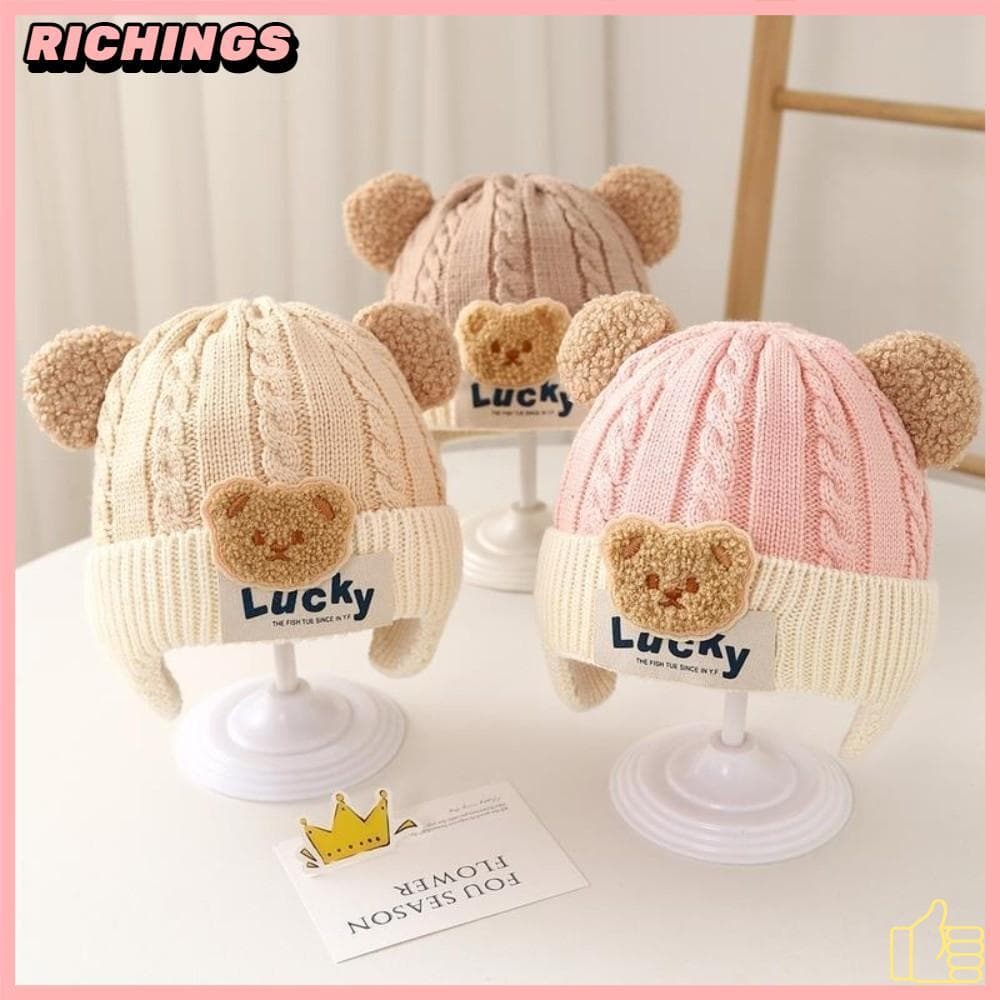 [RICHIS] Boné Pulôver , Chapéu De Proteção De Ouvido À Prova De Vento E Frio , Gorro Quente Com Pompom De Urso Da Sorte