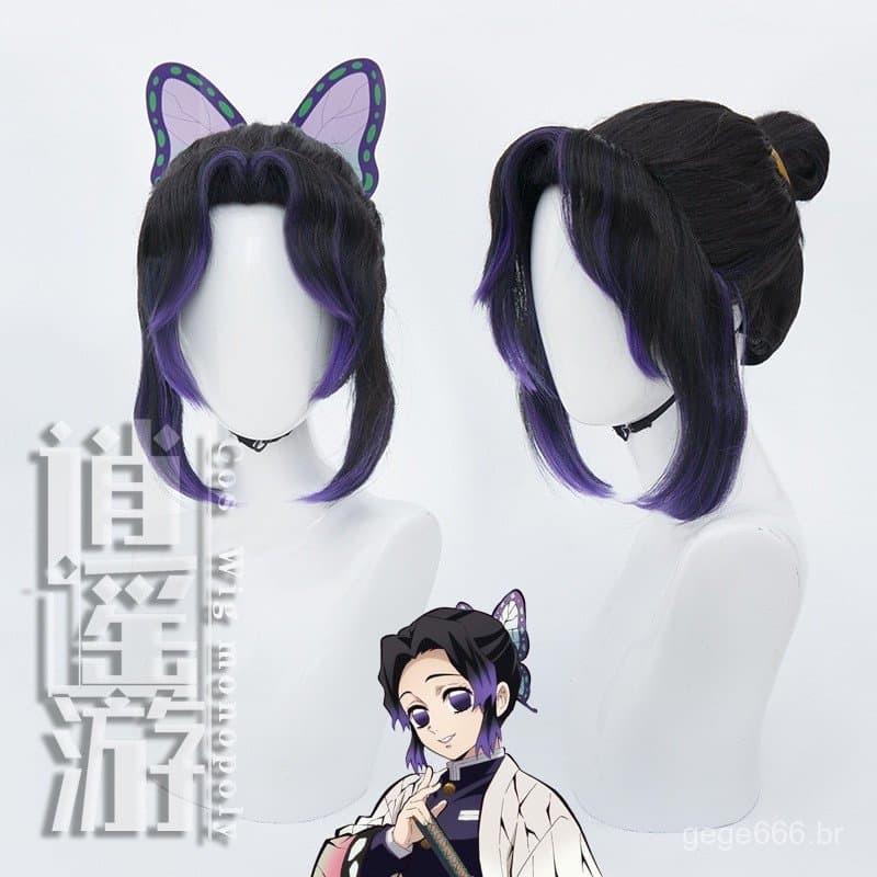 Misscoo Shinobu Cosplay, Adereço de Cabeça Demoníaco, Cabelo Sintético Curto Resistente ao Calor para Cosplay Kochou