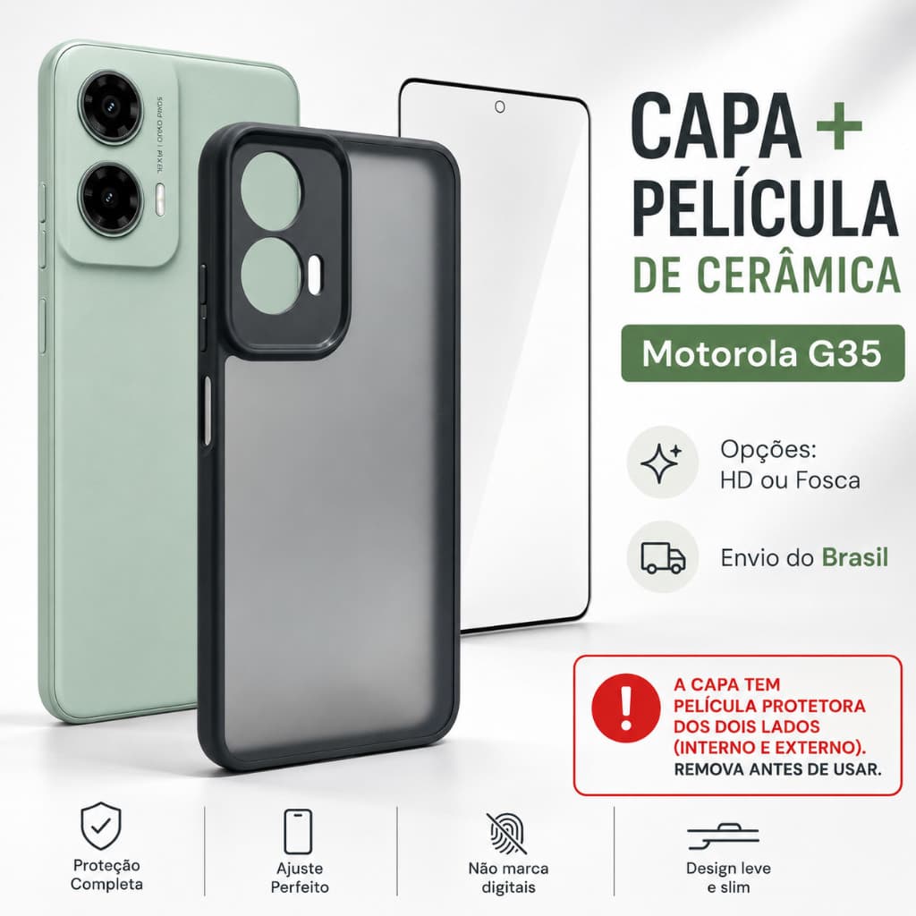 Kit Capa capinha translucida preto Premium motorola G35+Película Cerâmica HD/Fosca