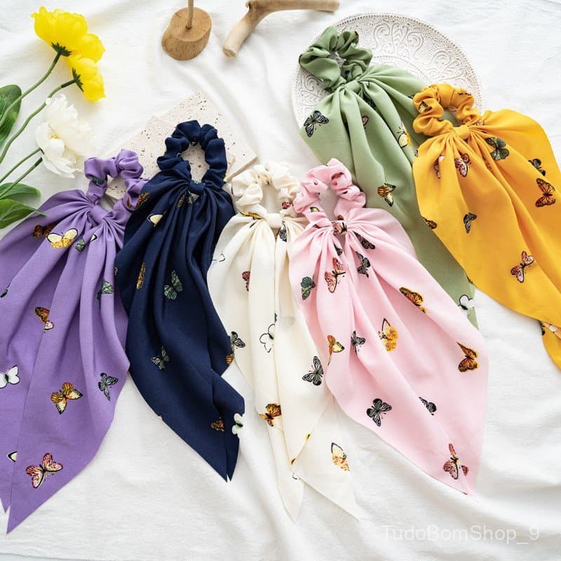 Elástico de cabelo com laço e padrão de borboleta e floco de neve, novo estilo de elástico feminino.