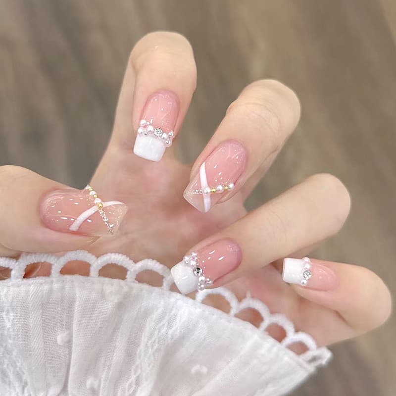 Doce pérola francesa strass Manicure unhas curtas de balé usando unhas falsas unhas destacáveis