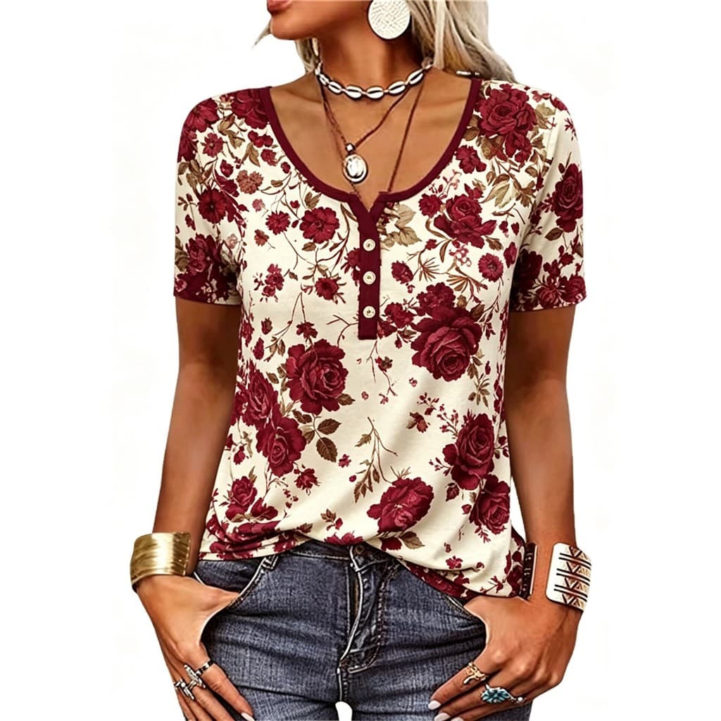 0 estilo com decote em V botão estampado camiseta de manga curta solta moda Casual Top combinado